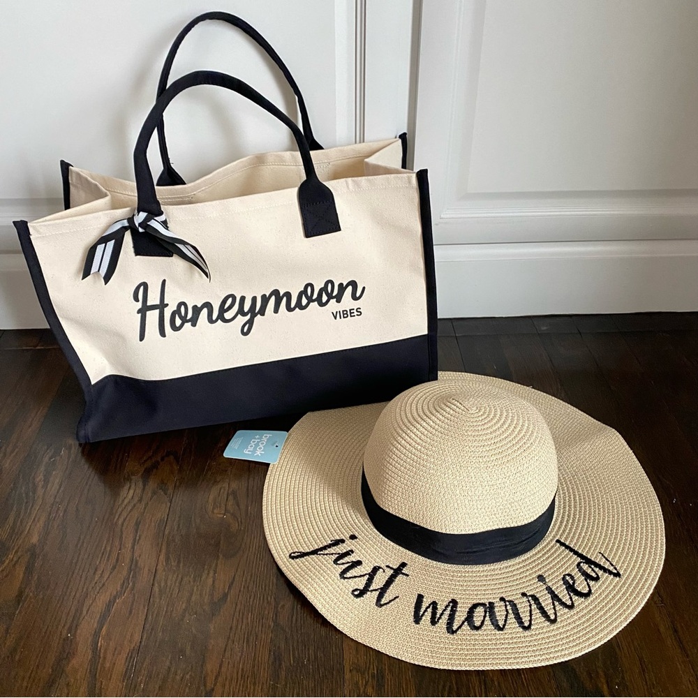 Just Married Embroidered Beach Hat & Honeymoon Beach Bag